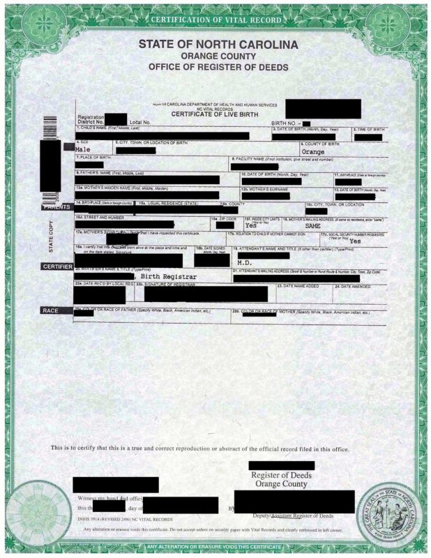 Certificate of live birth North Carolina USA Beglaubigte Übersetzungen