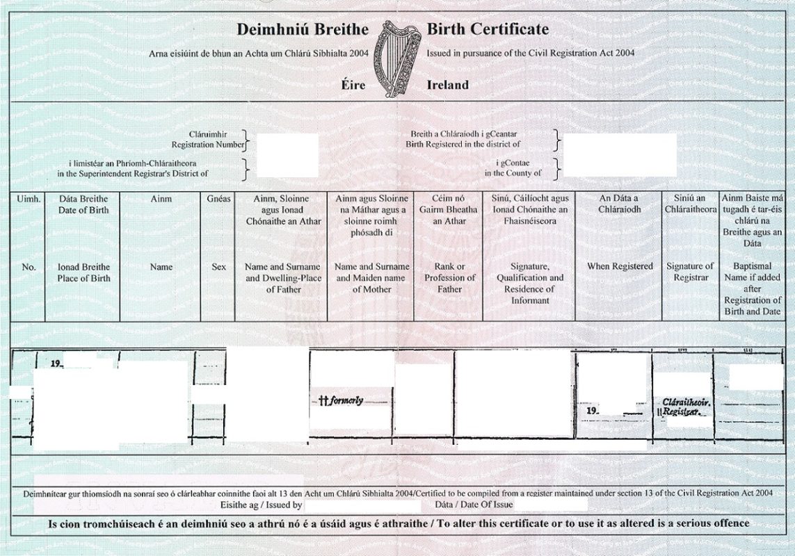 Birth Certificate Ireland Querformat Beglaubigte Bersetzungen   IR En Birth Certificate 1143x800 