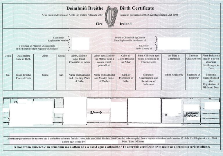 Birth Certificate Ireland Querformat Beglaubigte Bersetzungen   IR En Birth Certificate 768x538 